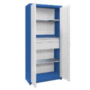 Universal cabinet: 3 galvanised shelves, 1 small set of drawers, perforated boards