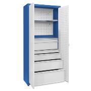 Universal cabinet: 2 galvanised shelves, 1 small and 1 large drawer set, perforated boards