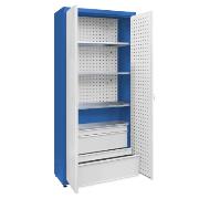 Universal cabinet: 4 galvanised shelves, 2 small sets of drawers, perforated boards