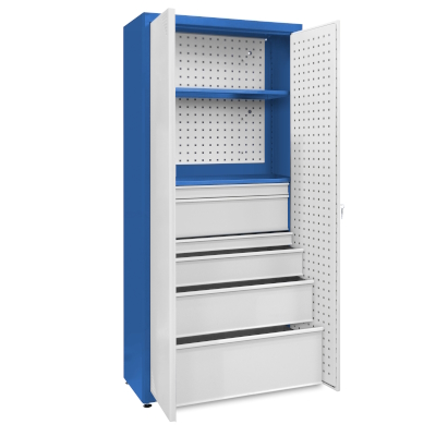 JOTKEL|23199|Universal cabinet: 2 painted shelves, 1 small and 1 large drawer set, perforated boards
