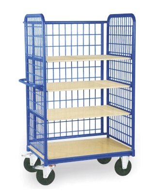 Shelf truck with three shelves and mesh sides