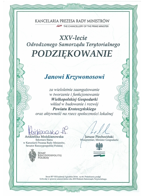 Podziękowanie z okazji XXV-lecia Odrodzonego Samorządu Terytorialnego