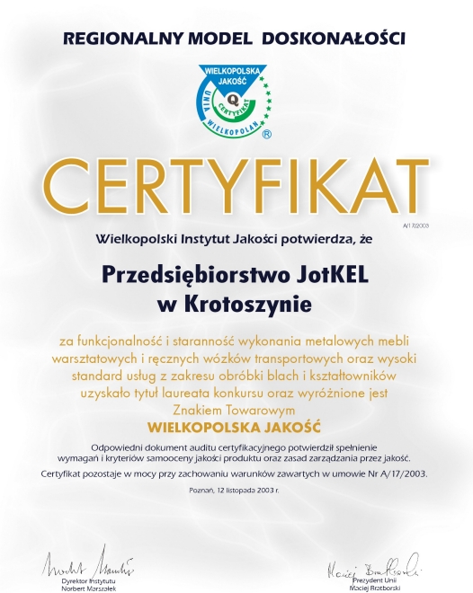 CERTYFIKAT WIELKOPOLSKA JAKOŚĆ