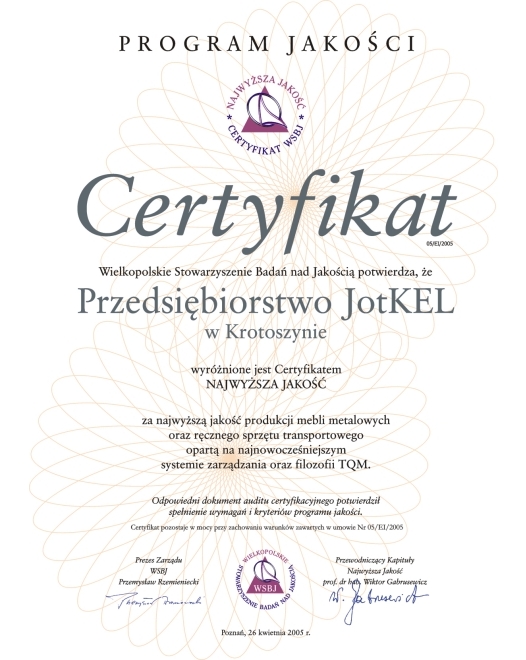 CERTYFIKAT „NAJWYŻSZA JAKOŚĆ”