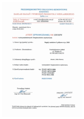 Certificate of strength tests and safety of use for a 5-shelf metal rack
